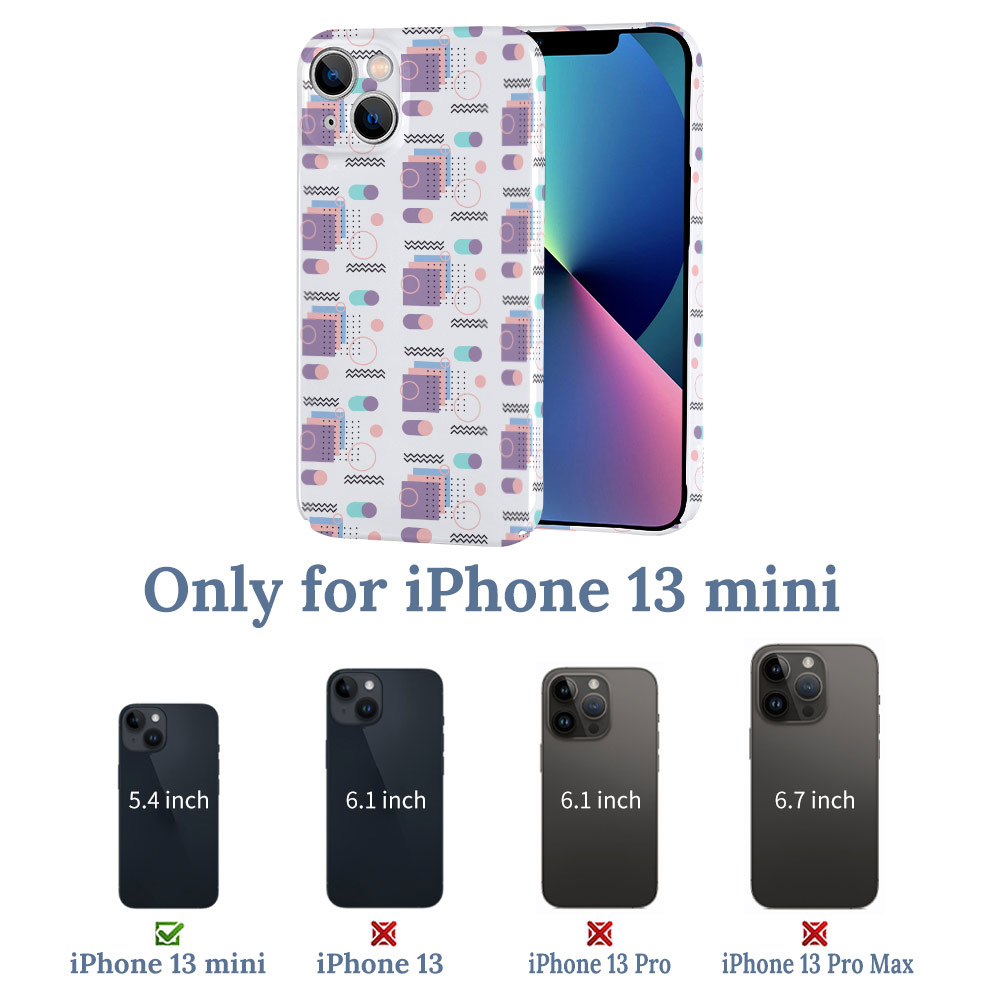 iPhone 13 mini PC plastic case with a colorful pattern. Includes phone case and size compatibility information.