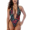 Women's mesh jumpsuit underwear with deep V-neck and floral print, perfect for dates.