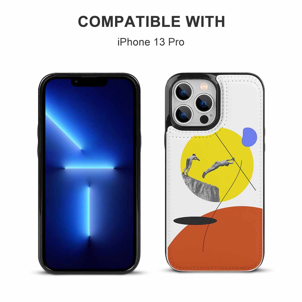 iPhone 13 Pro case with abstract art design, card slot, shockproof and TPU leather. Compatible with iPhone 13 Pro.