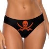 Women's black swimwear thong with orange skull and crossbones design