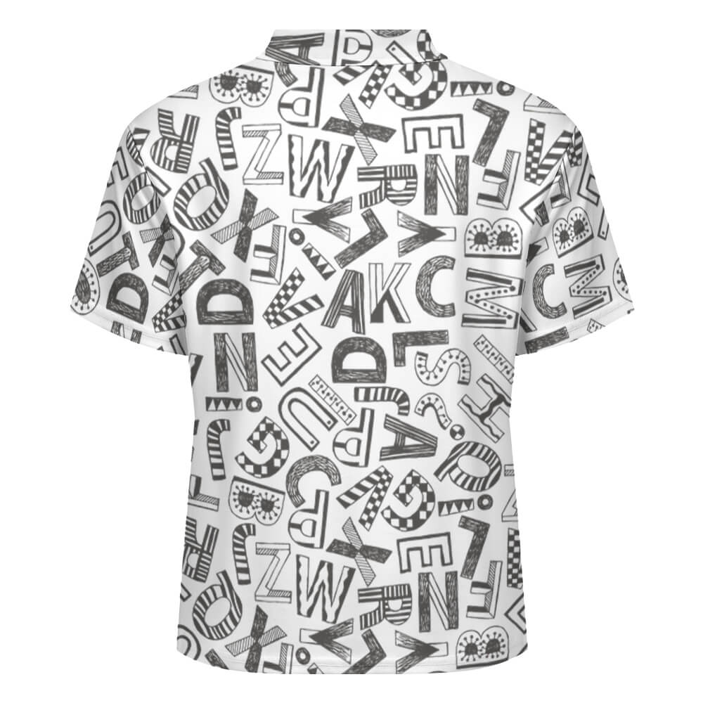 Men's white polo shirt with shoulder buttons and abstract letter pattern, pique cloth.