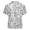 Men's white polo shirt with shoulder buttons and abstract letter pattern, pique cloth.