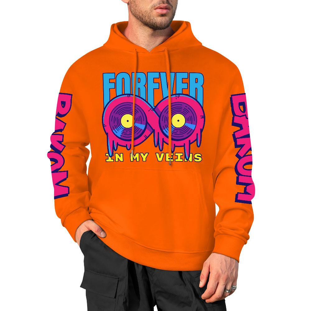 Orange cotton hoodie with 'FOREVER 99' graphic and sleeve prints, youth fashion