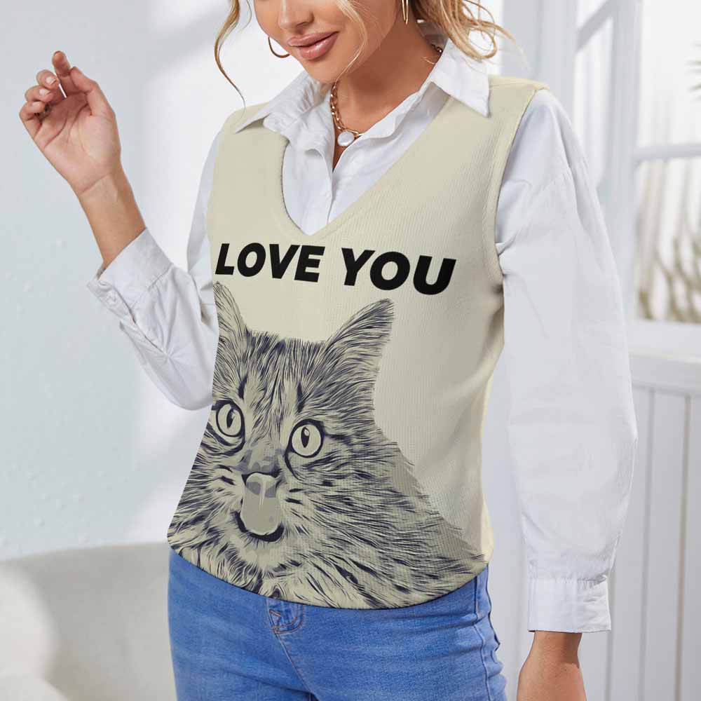 Women's beige knit vest featuring a cat face print and "LOVE YOU" text, perfect for spring/autumn wear.