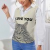 Women's beige knit vest featuring a cat face print and "LOVE YOU" text, perfect for spring/autumn wear.