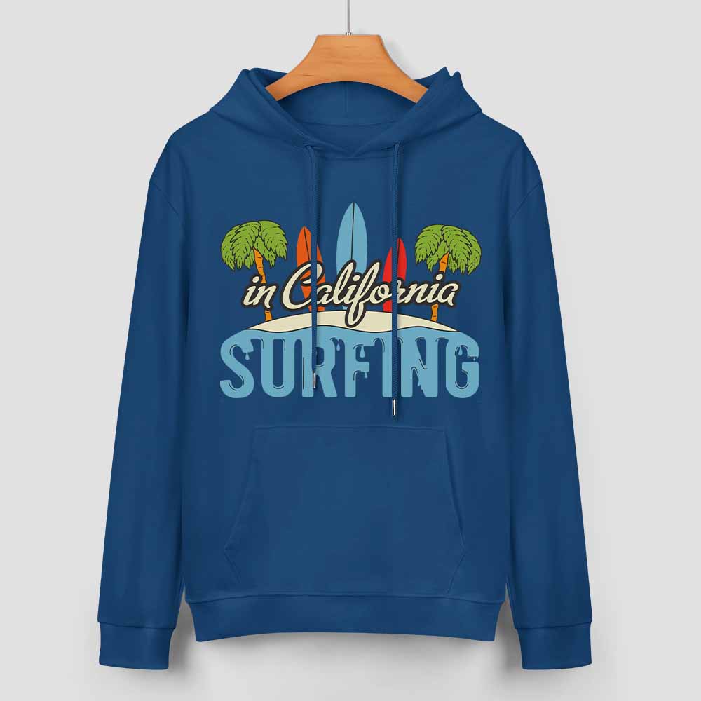 Blue cotton California Surfing hoodie with graphic, loose fit, daily wear, comfortable and stylish