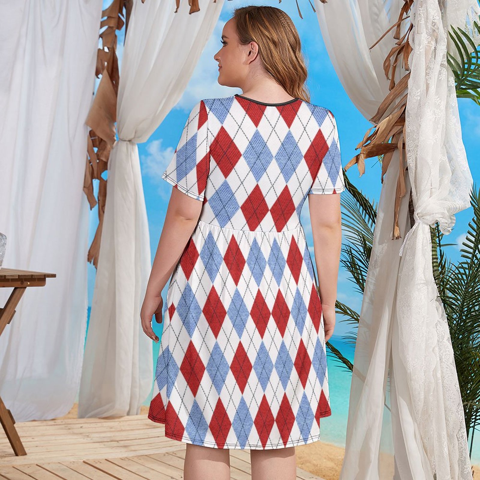 Plus size geometric figure dress in red and blue diamond pattern, short sleeves, round neck