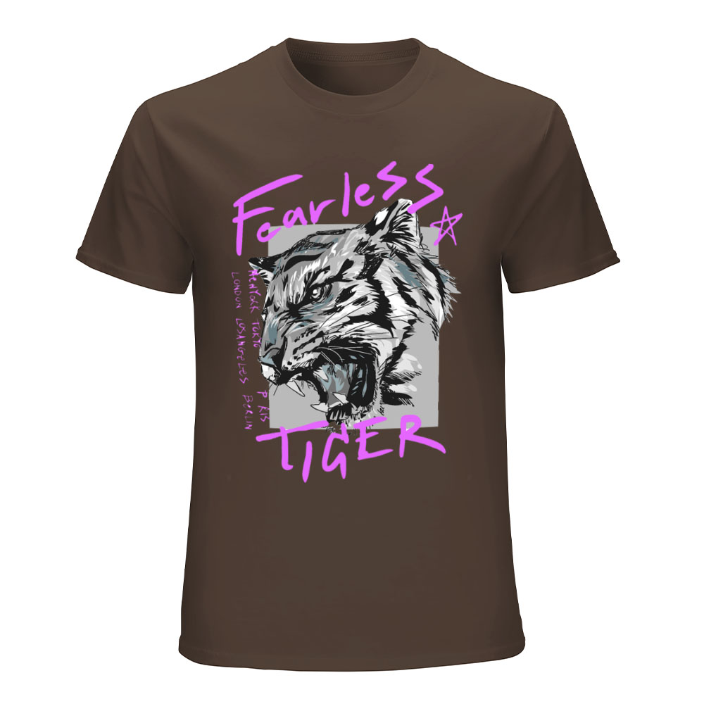 Brown cotton men's Fearless Tiger graphic tee, collection. Pure cotton comfort.