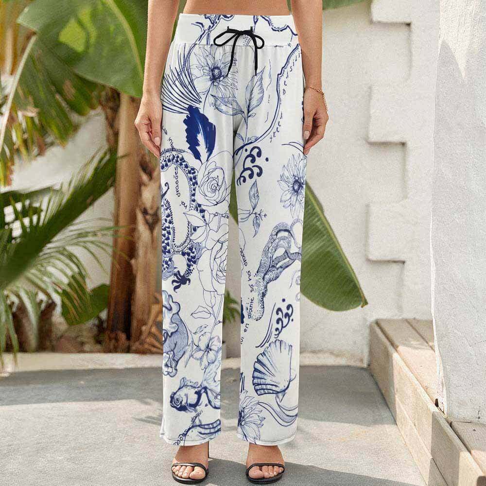 Women's blue floral wide leg pants with elastic waist, comfortable and stylish, Inkedjoy