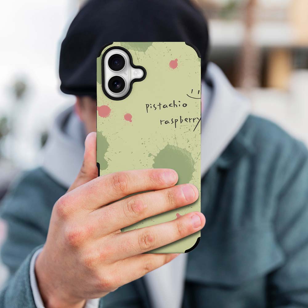 iPhone 16 Fiber Skin Case with green floral pattern and text 'Everything's amazing', protective cover.