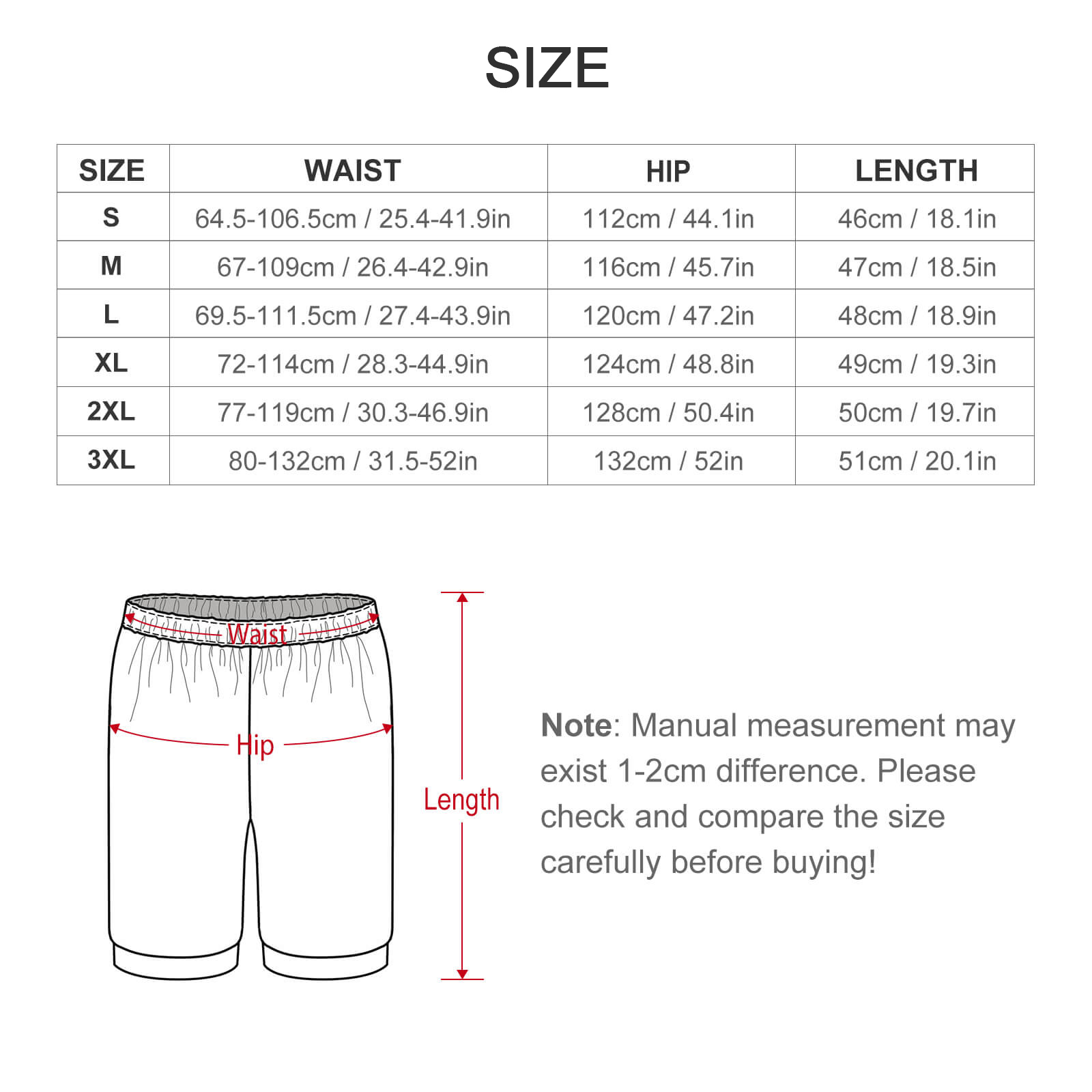 Men's ice silk pajama shorts size chart with measurements in cm and inches.