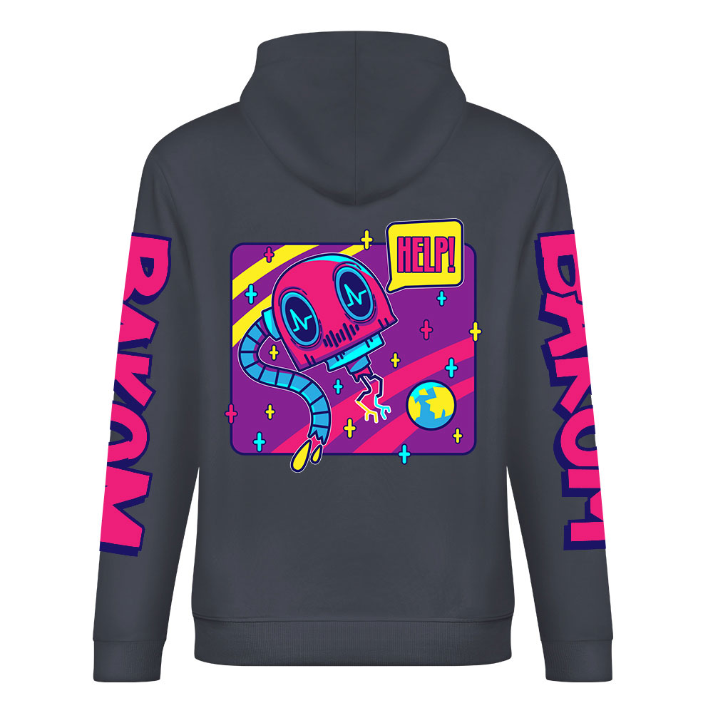 Navy blue cotton hoodie with 'FOREVER' donut graphic and 'DAKUM' and 'CHRONM' sleeve prints, youth fashion style.