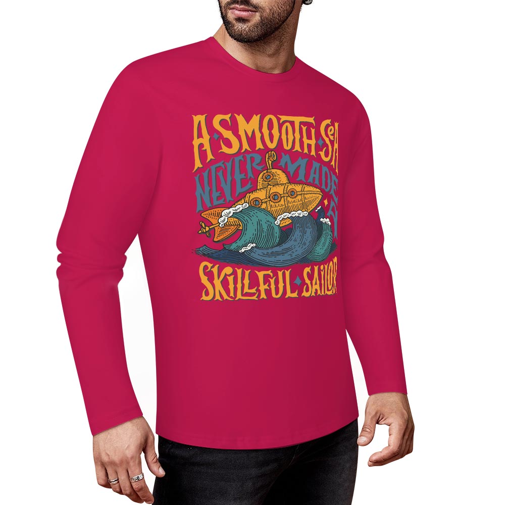 Red pure cotton long sleeve T-shirt featuring ASMODUS Skull San graphic for casual wear.