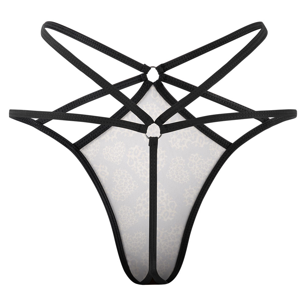 Black mesh T-back, showing delicate design, perfect for dating or anniversaries.