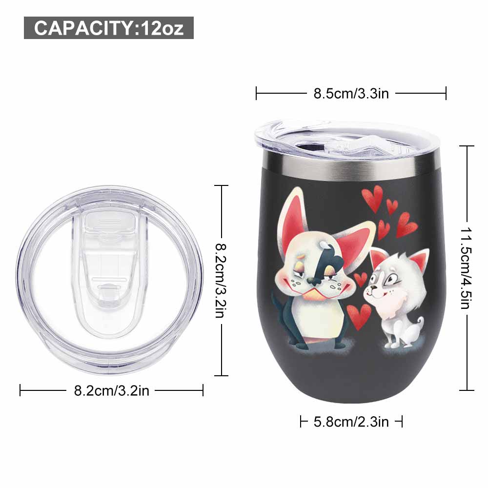Black stainless steel insulated cup with cartoon cat and fox design, hearts and spill-proof lid, 12oz capacity.