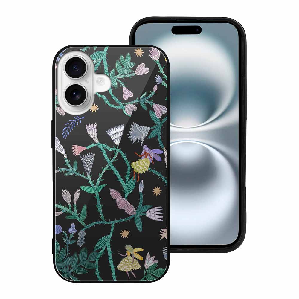 iPhone 16 series glass case with floral design. Anti-scratch protection.