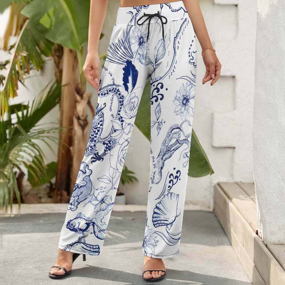 Women's wide leg pants with white and blue floral print, elastic waist, comfortable and stylish, Inkedjoy.