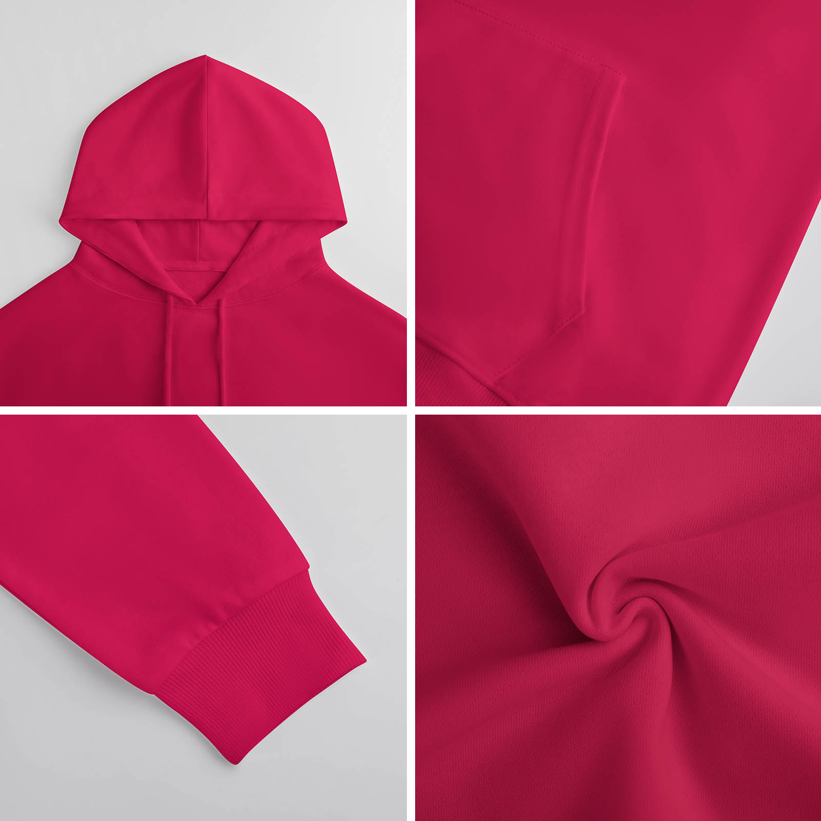Red cotton hooded sweater detail, showing fabric texture, seams, and comfortable design for youth fashion.