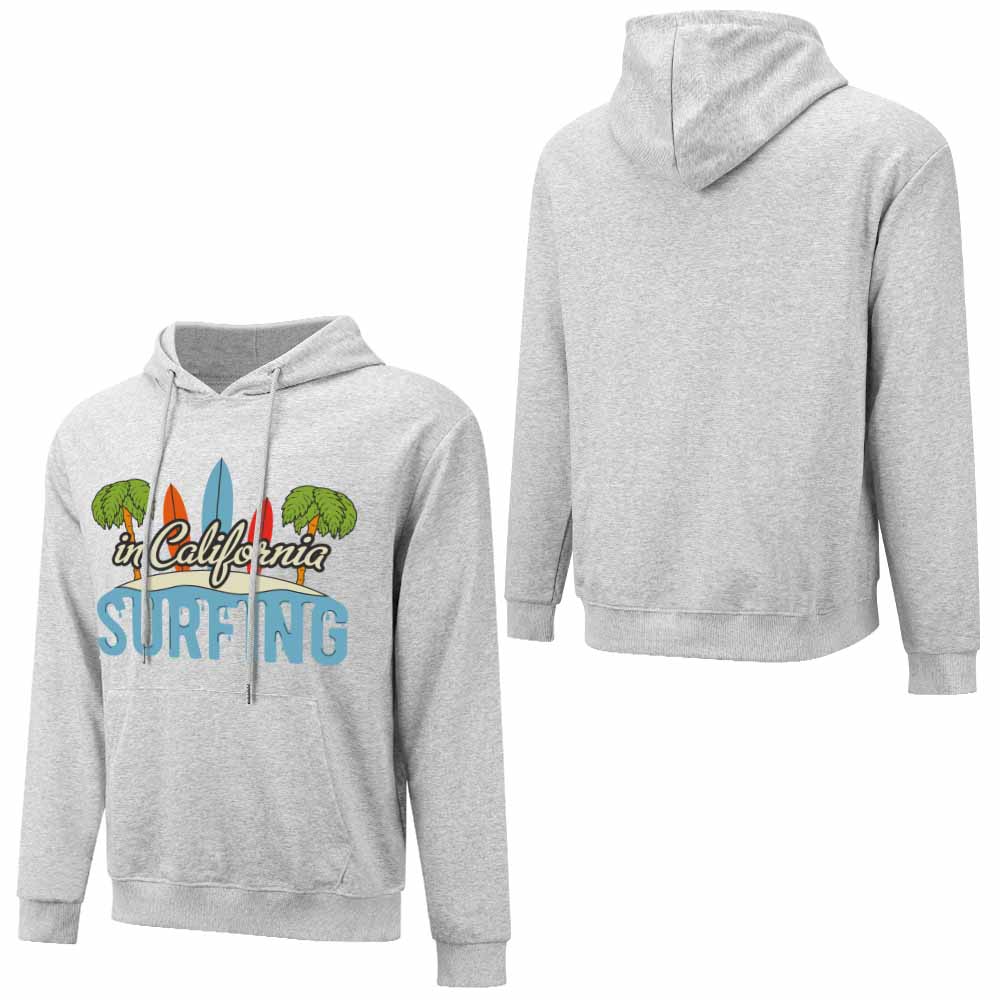 Light grey cotton surfing hoodie, loose fit, suitable for daily wear. Features SURFING graphic.