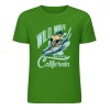 Green pure cotton short-sleeved T-shirt featuring Wild Wave California surfing design, summer fashion.