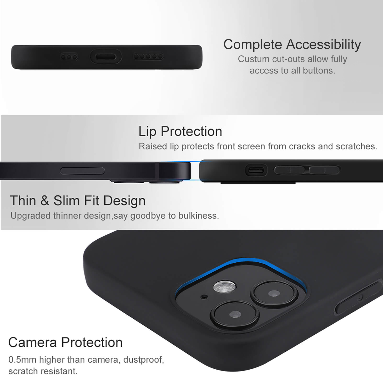 iPhone 12 series case features: complete accessibility, lip & camera protection, thin & slim fit. TPU material.