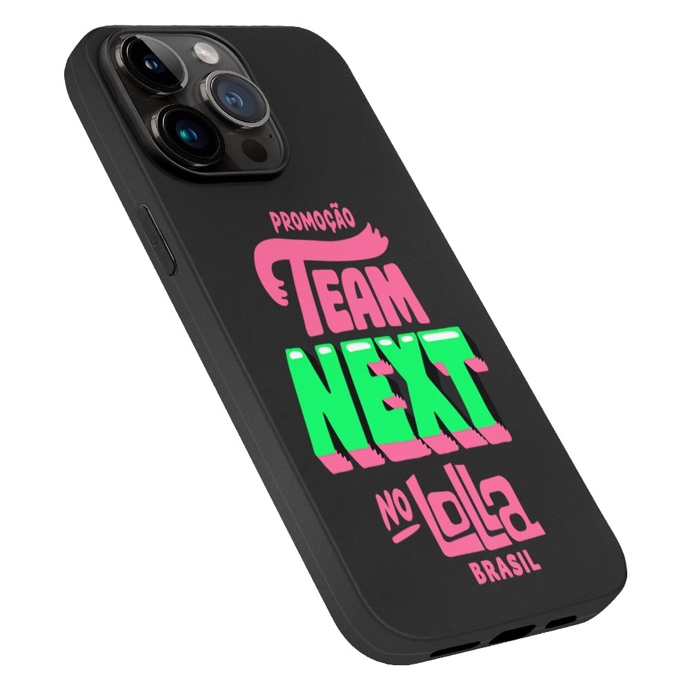 iPhone 15 Series Black TPU Case featuring 'TEAM NEXT @ Lolla' design, shockproof protection.