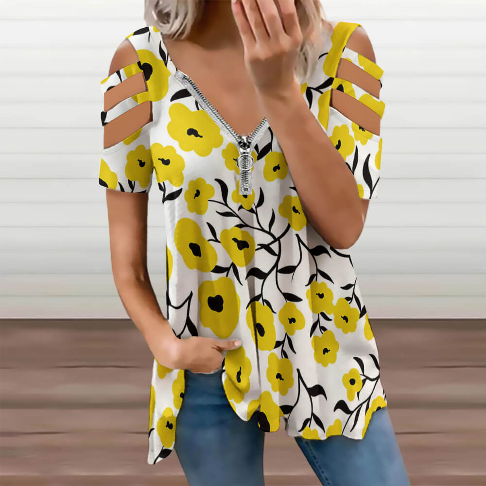 Ladies BE Zip Off Shoulder Top in white floral print, V-neck, shoulder cut-out detail. Perfect for casual wear.