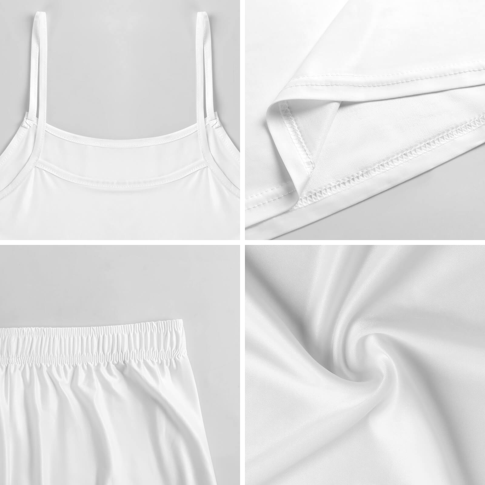 White ice silk strap pajama set, close-up details, comfortable and skin-friendly, perfect for home wear.