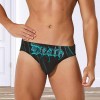 Men's black swimming trunks with teal DEATH design, polyester spandex, brief cut for swimming