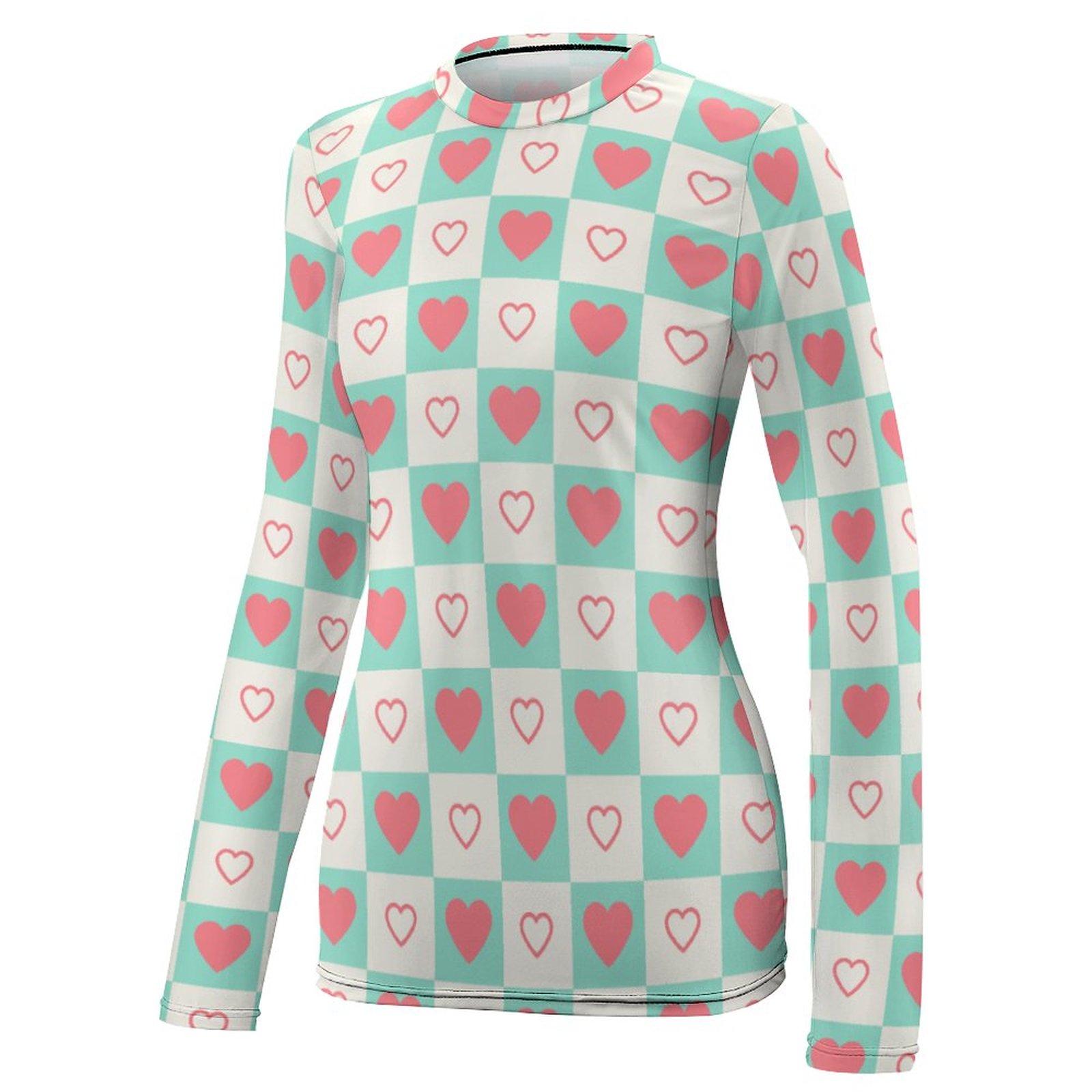 Women's long sleeve t-shirt with checkered heart pattern, lightweight sun protection.