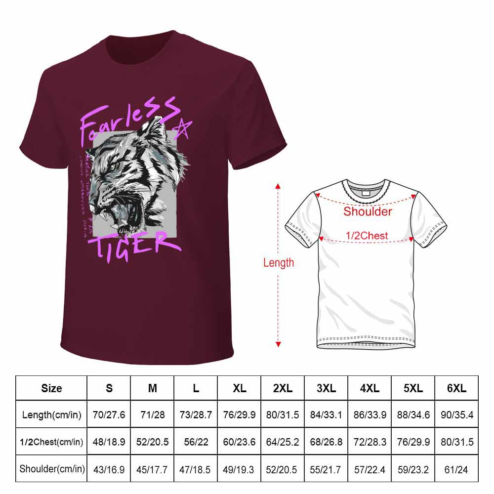 Maroon men's Fearless Tiger T-shirt with size chart, 100% cotton, collection