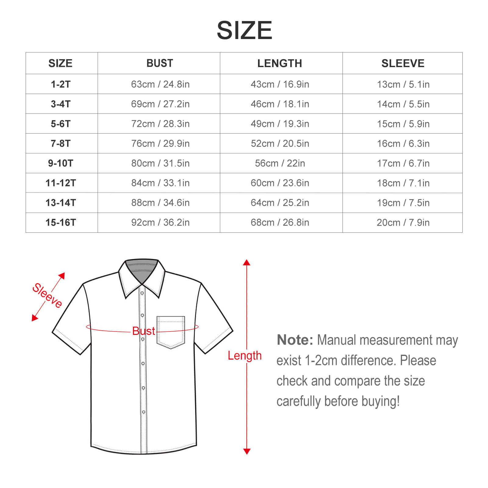 Children's short-sleeved shirt size chart with detailed measurements, including bust, length, and sleeve dimensions.