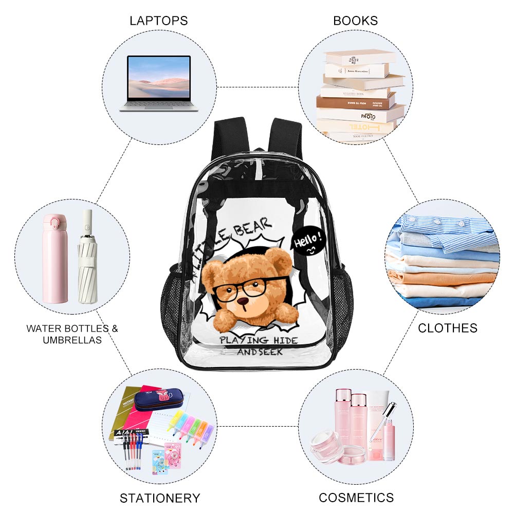 Transparent 17-inch PVC backpack with bear design, suitable for work or travel, featuring the words 'LET'S GO'.