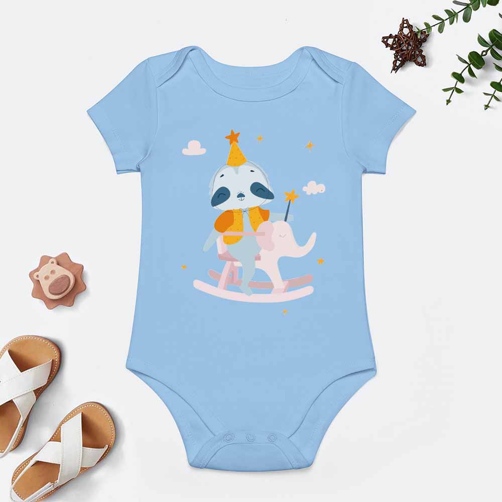 Light blue cotton baby bodysuit with unicorn design, soft for babies 3-24 months
