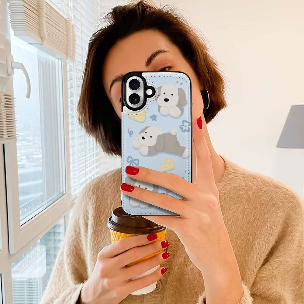 iPhone 16 case with cartoon bear design, 360° protection, card slot, TPU leather cover