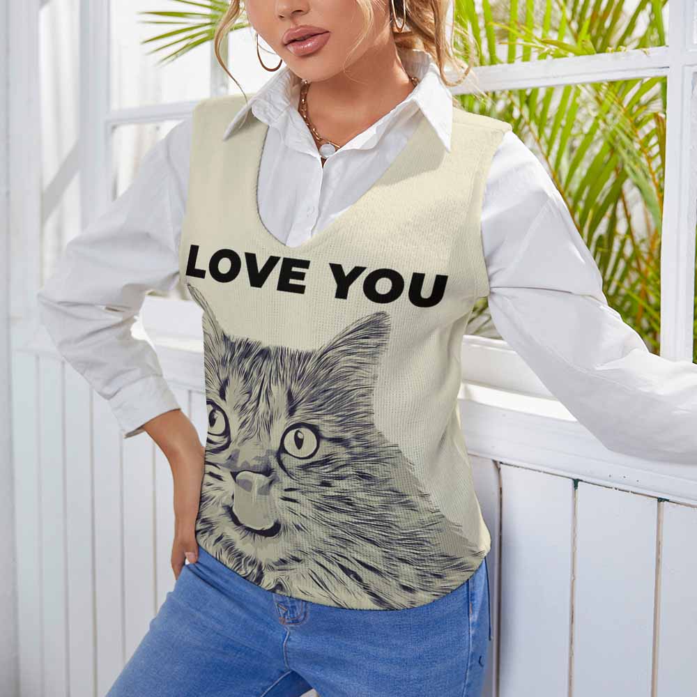 Women's beige knit vest with cat face and LOVE YOU text, perfect for spring/autumn wear.