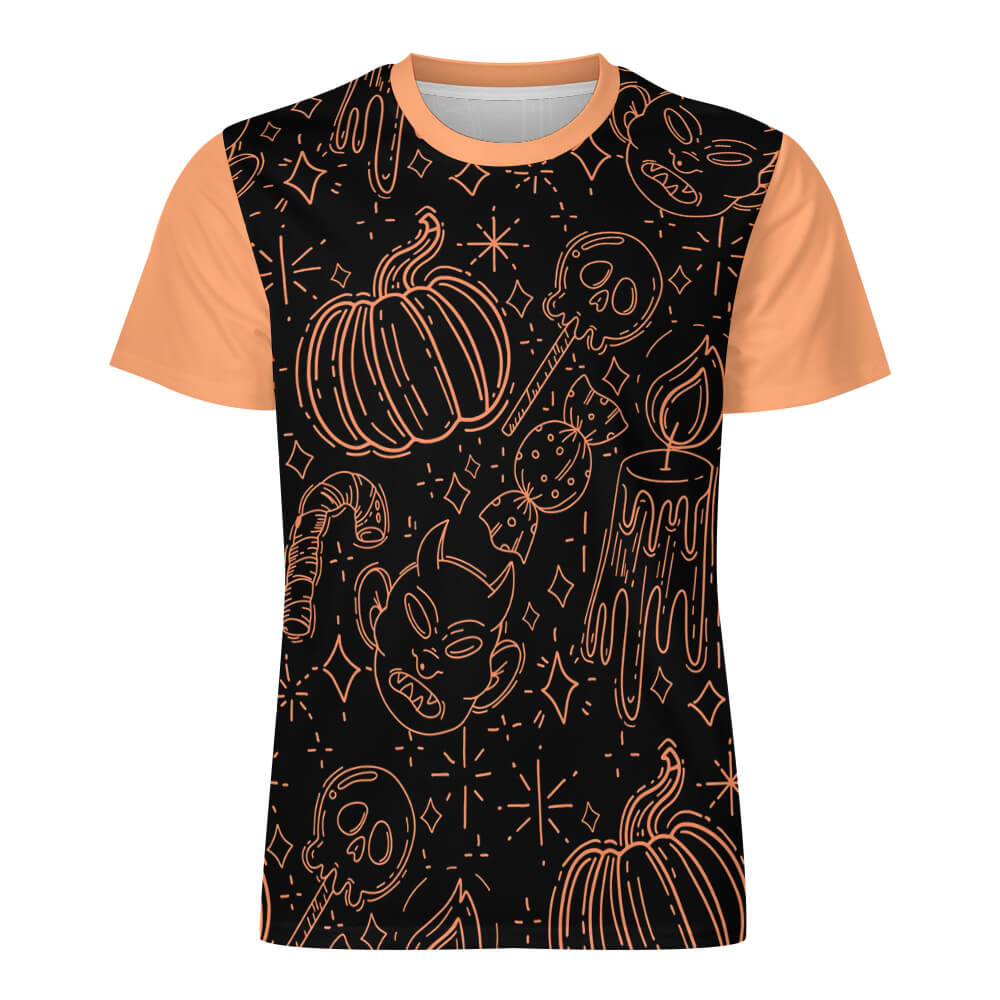 Ice Silk All Print T-shirt with Halloween pumpkin pattern, orange sleeves, summer wear.