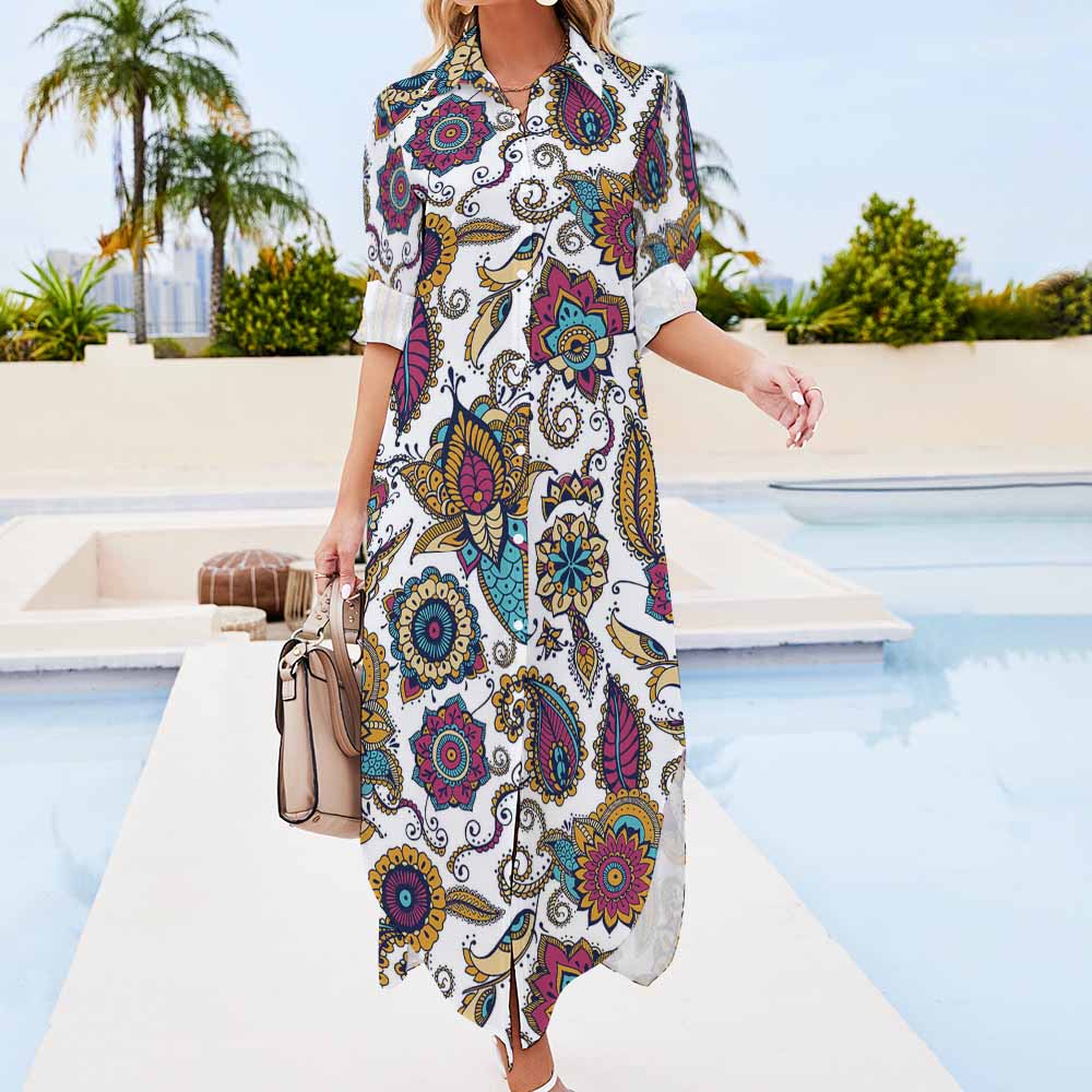 Button Neck Long Sleeve Paisley Shirt Dress, Comfortable Polyester, Party wear.