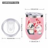 Pink stainless steel insulated cup with penguin and cat design, 12oz capacity, spill-proof lid, with dimensions.