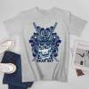 White cotton men's T-shirt with blue samurai skull design and "DEAD SET" text. Ideal for leisure and events.