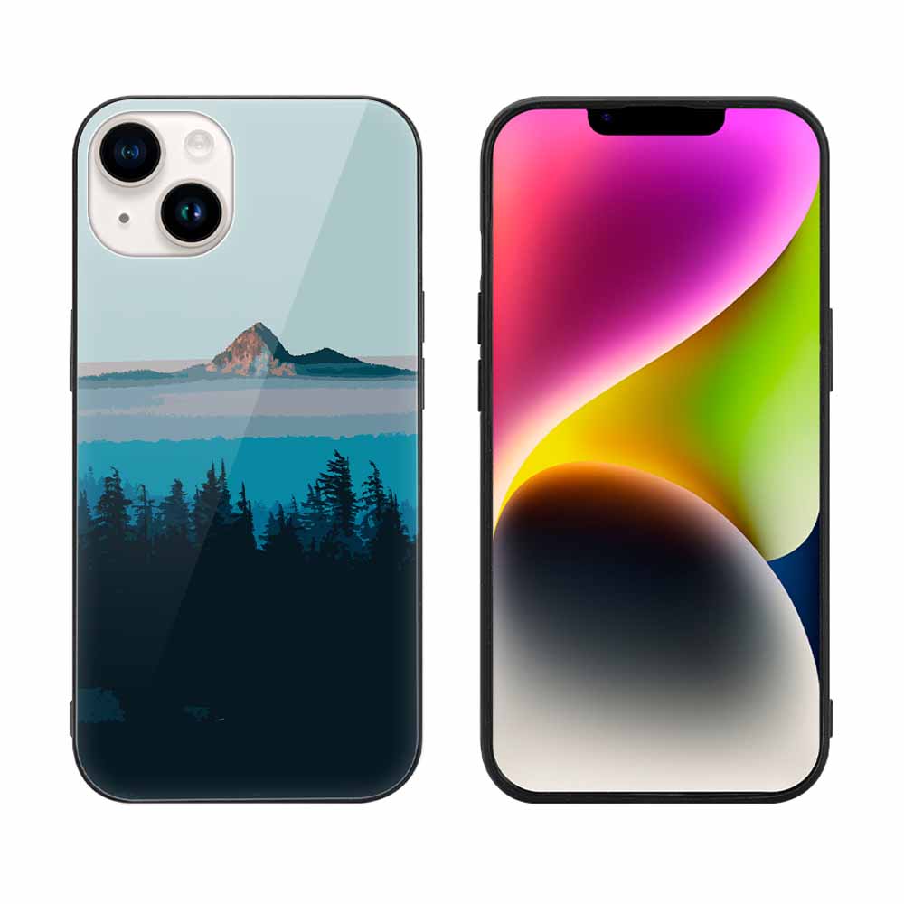 iPhone 14 glass case with mountain and water landscape design, protective and stylish.