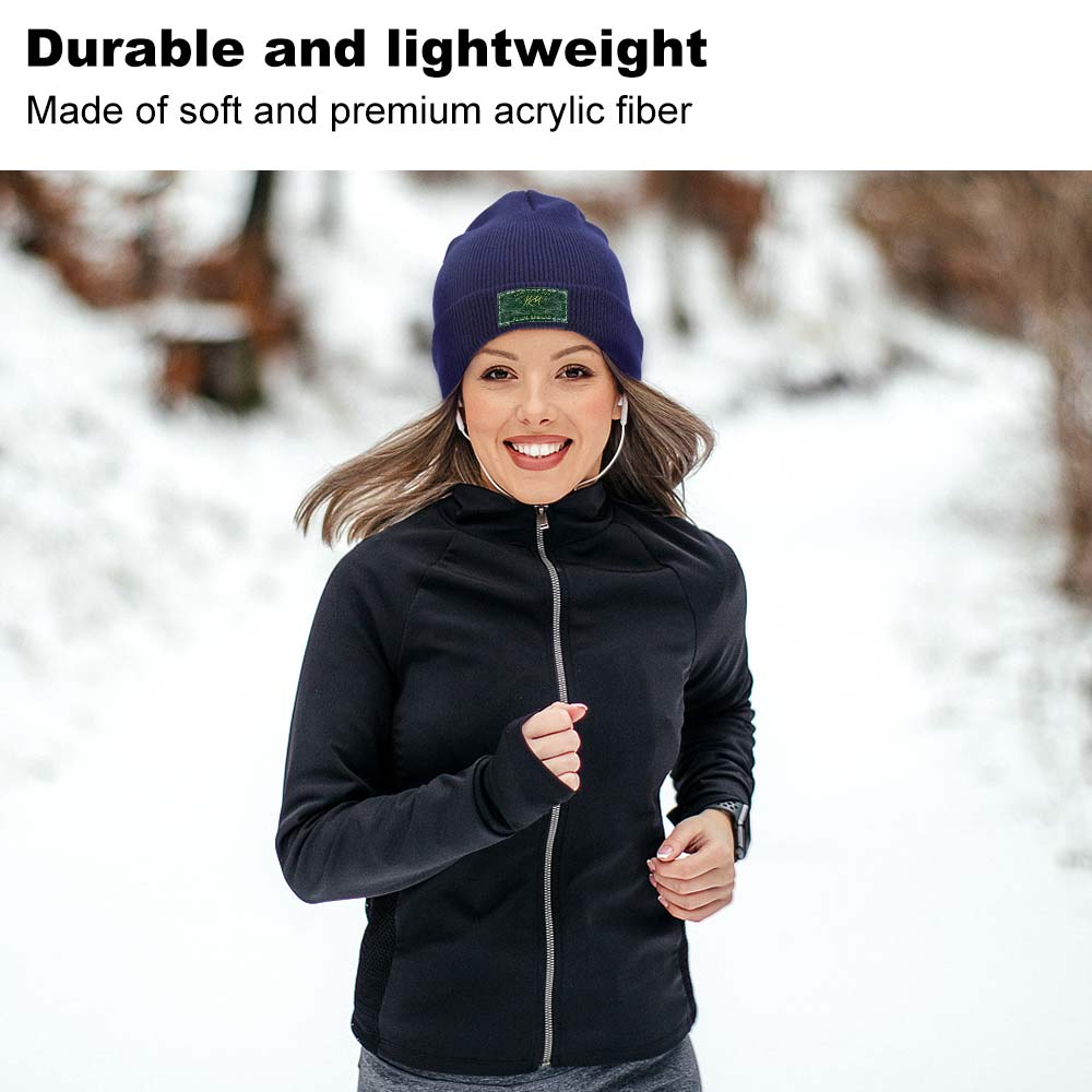 Woman in navy knitted cap, crafted from premium iconic fiber, perfect for winter running