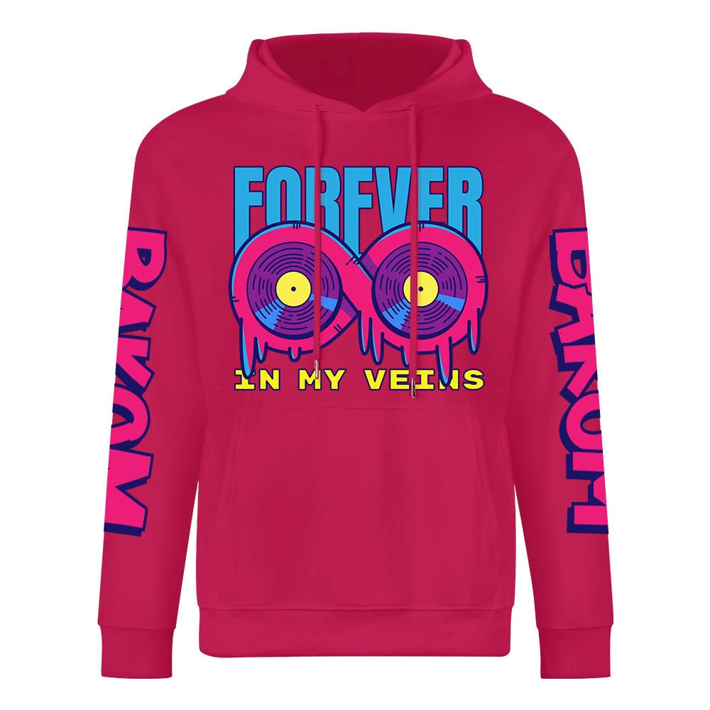 Red cotton hoodie with FOREVER donut graphic, DAKUM sleeve prints, youth fashion style