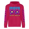 Red cotton hoodie with FOREVER donut graphic, DAKUM sleeve prints, youth fashion style