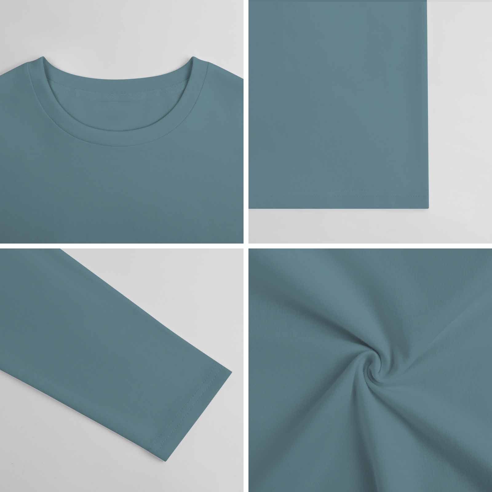 Teal pure cotton long sleeve T-shirt, details of fabric, collar, and sleeve for casual wear.