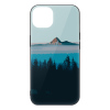 iPhone 14 glass case with mountain and water landscape design, stylish and protective.