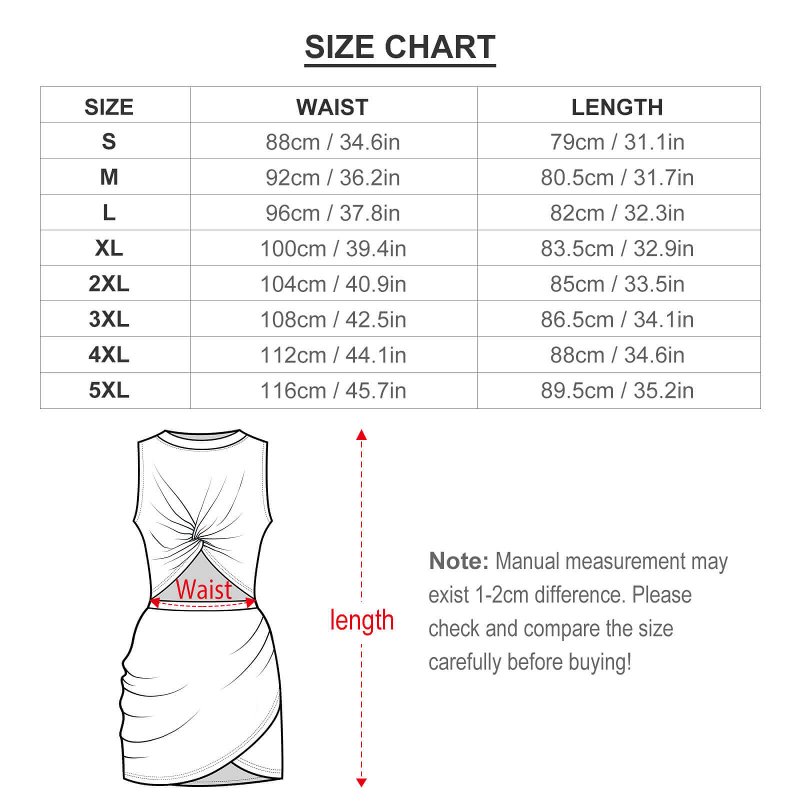 Size chart for navel-baring cross-fit hip skirt, showing bust and length measurements.