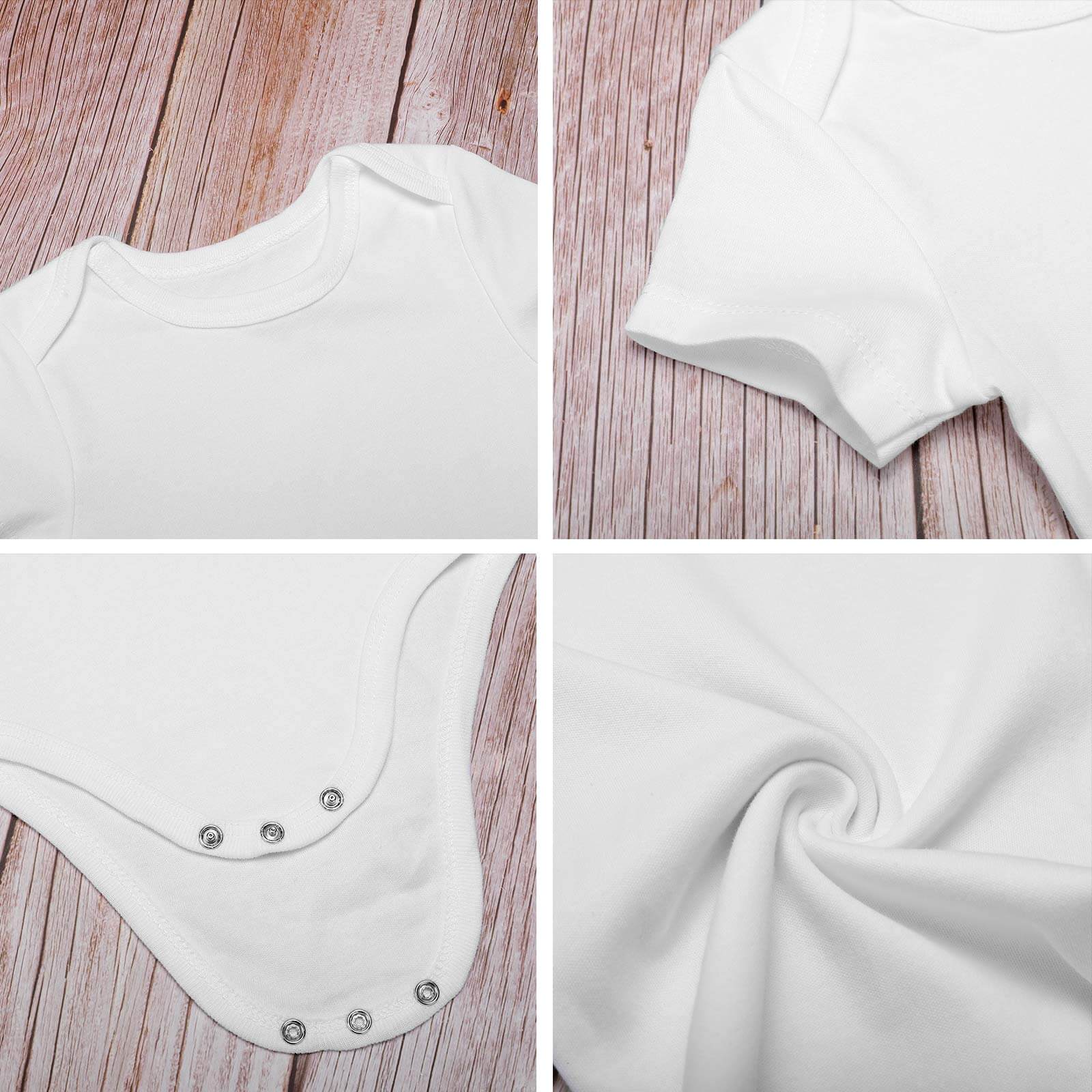 White cotton baby bodysuit detail, featuring soft fabric and button design, perfect for babies 3-24 months.