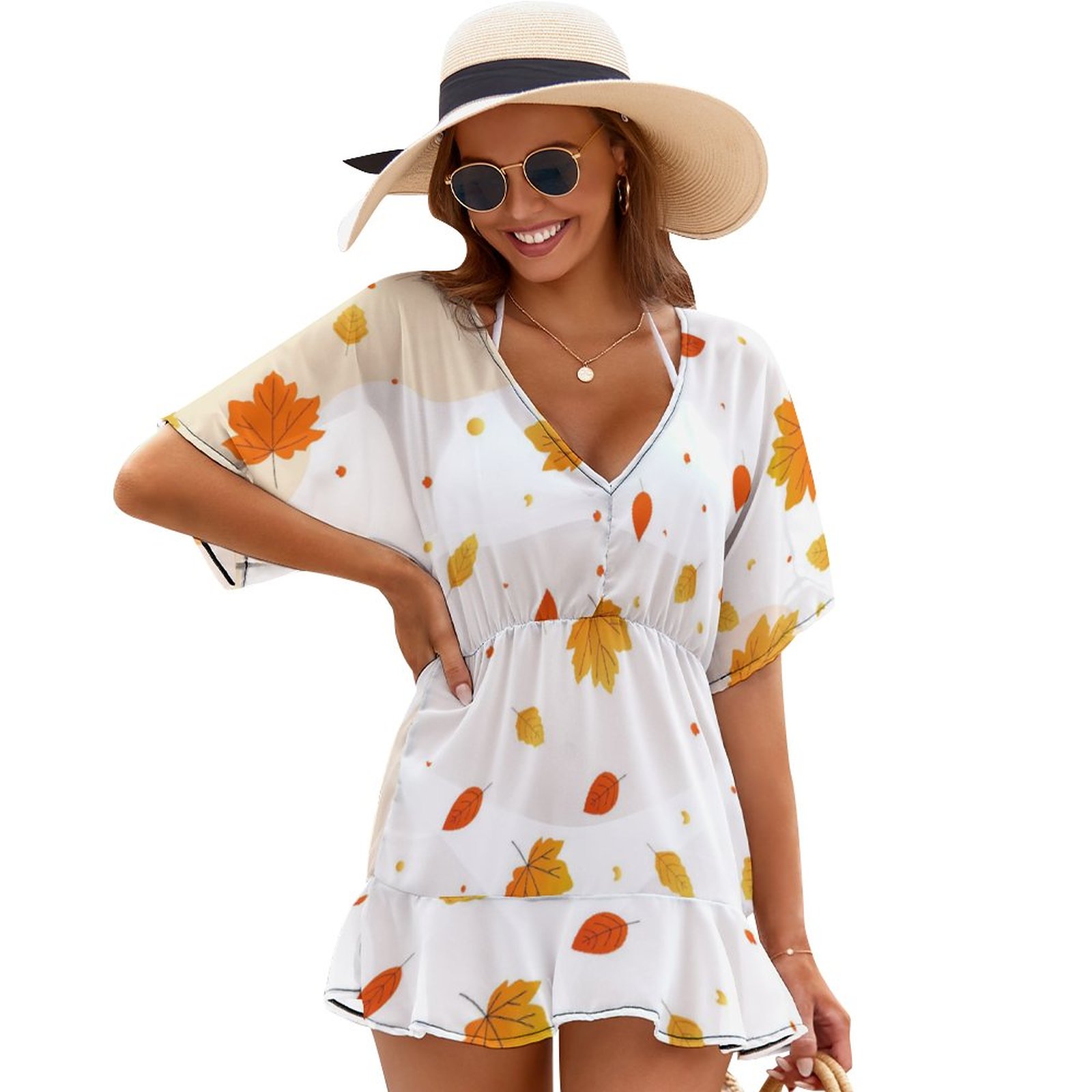 White Ladies Short Sleeve Dress with V-neck and fishtail skirt, perfect for beach vacations