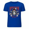 Blue cotton short sleeve T-shirt with 'AMERICAN LEGEND' gorilla graphic print, summer fashion.